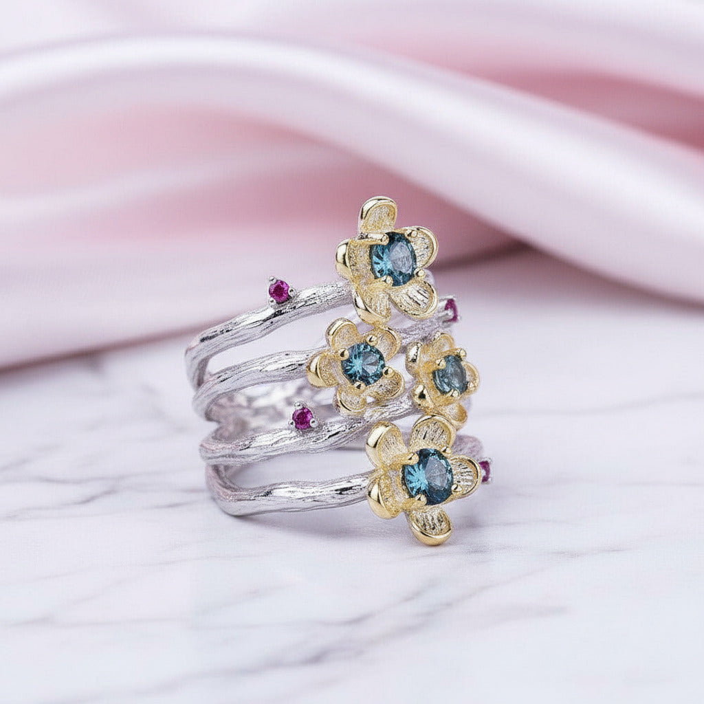 1.62Ct London Blue Topaz Handmade Flower Jewelry Set-Black Diamonds New York