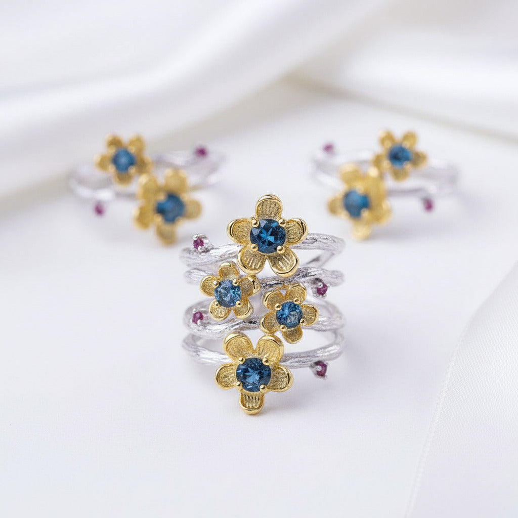 1.62Ct London Blue Topaz Handmade Flower Jewelry Set-Black Diamonds New York
