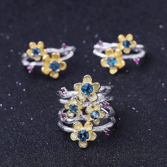 1.62Ct Natural London Blue Topaz Handmade Flower Jewelry Set - Black Diamonds New York
