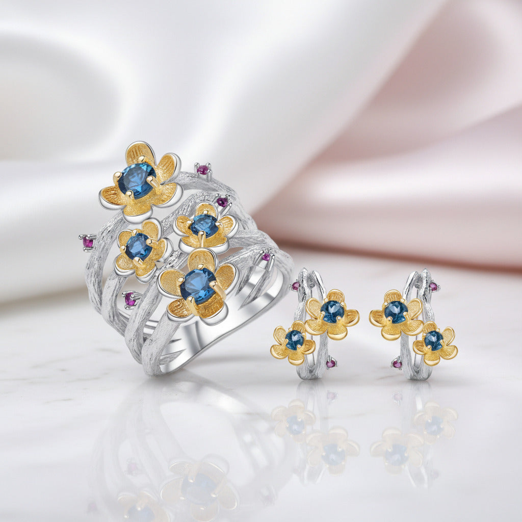 1.62Ct London Blue Topaz Handmade Flower Jewelry Set-Black Diamonds New York