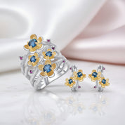 1.62Ct London Blue Topaz Handmade Flower Jewelry Set-Black Diamonds New York