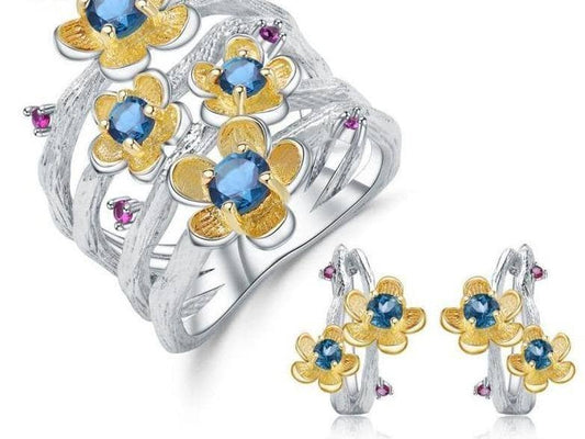 1.62Ct Natural London Blue Topaz Handmade Flower Jewelry Set-Black Diamonds New York