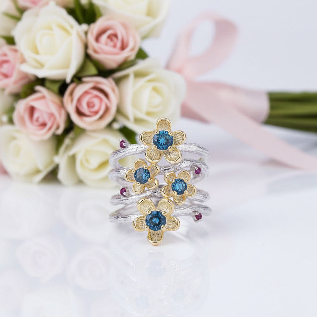 1.62Ct London Blue Topaz Handmade Flower Jewelry Set-Black Diamonds New York
