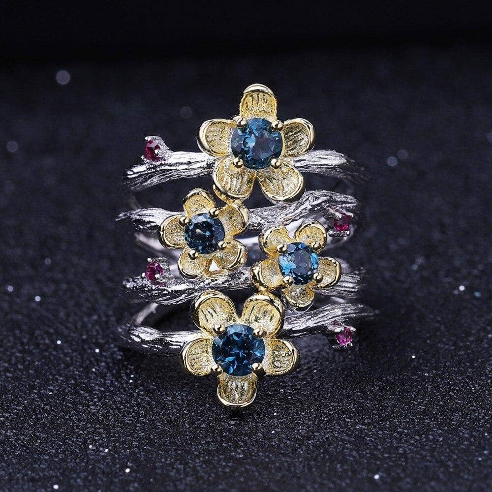 1.62Ct Natural London Blue Topaz Handmade Flower Jewelry Set - Black Diamonds New York