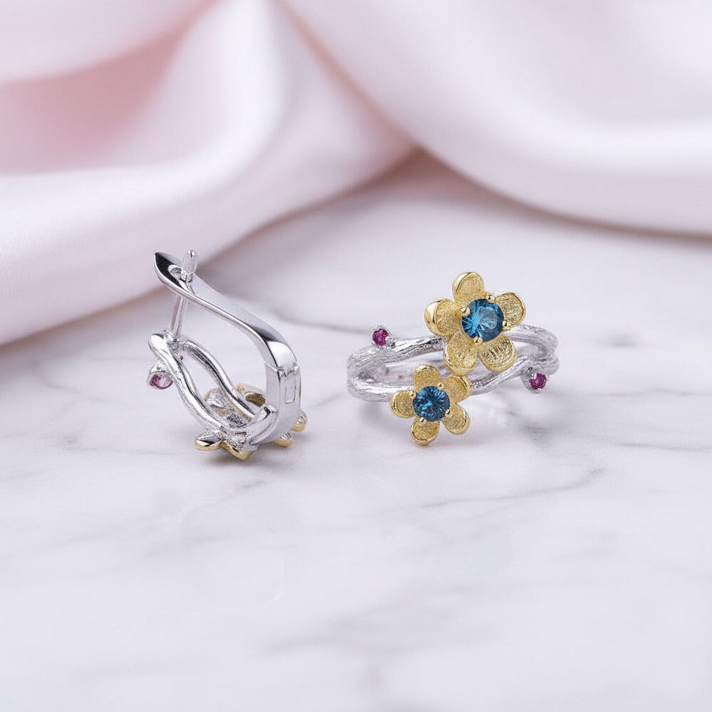 1.62Ct London Blue Topaz Handmade Flower Jewelry Set-Black Diamonds New York