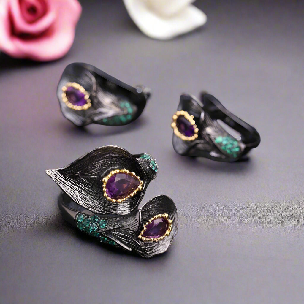 1.68ct Amethyst Calla Lily Leaf Earrings-Black Diamonds New York