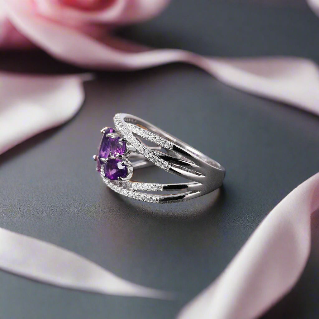 1.84Ct Natural Amethyst Gemstone Ring-Black Diamonds New York