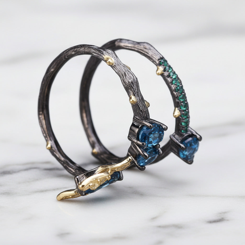 1.87ct London Blue Topaz Butterfly on Branch Ring-Black Diamonds New York