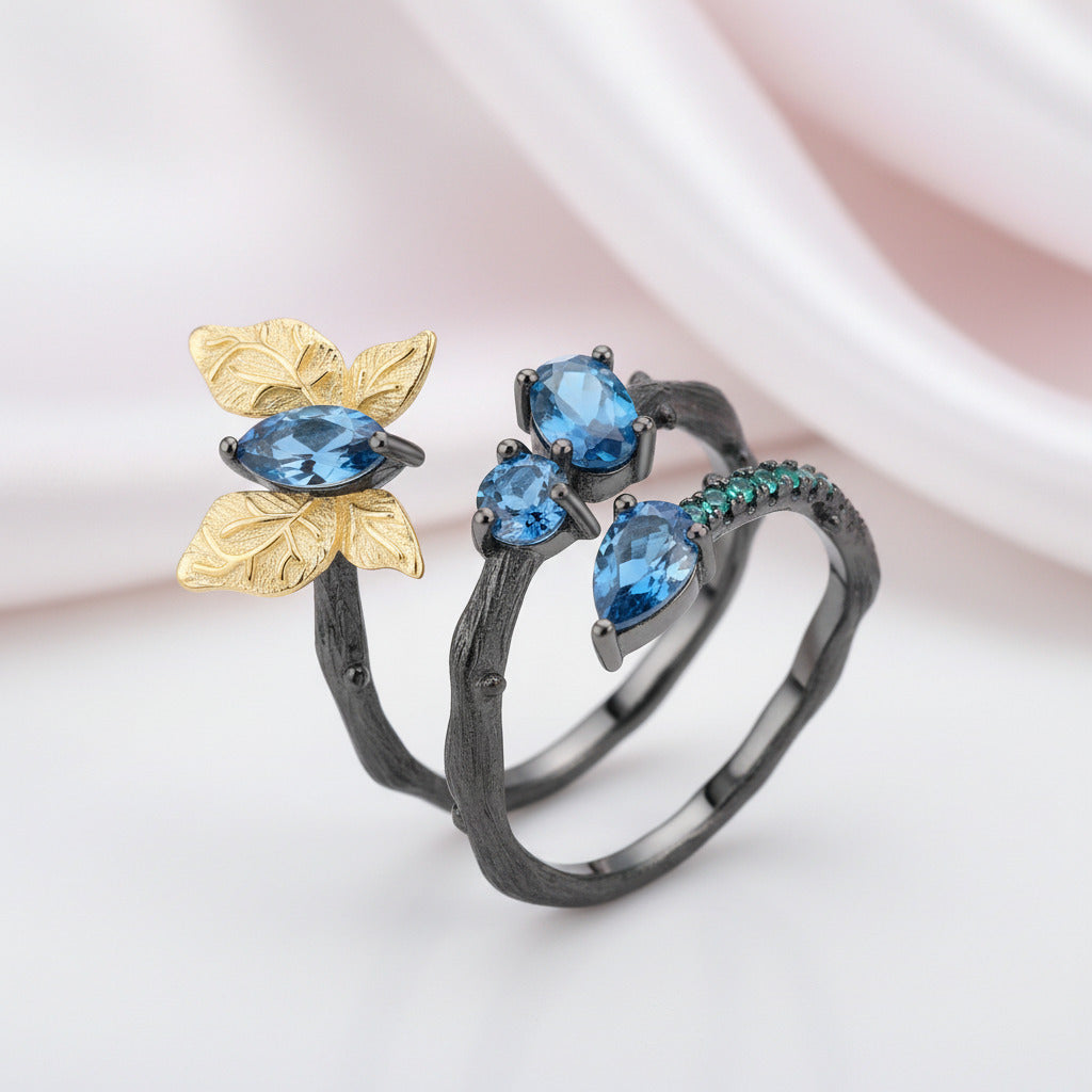 1.87ct London Blue Topaz Butterfly on Branch Ring-Black Diamonds New York