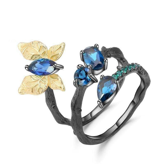 1.87ct Natural London Blue Topaz Butterfly on Branch Ring - Black Diamonds New York