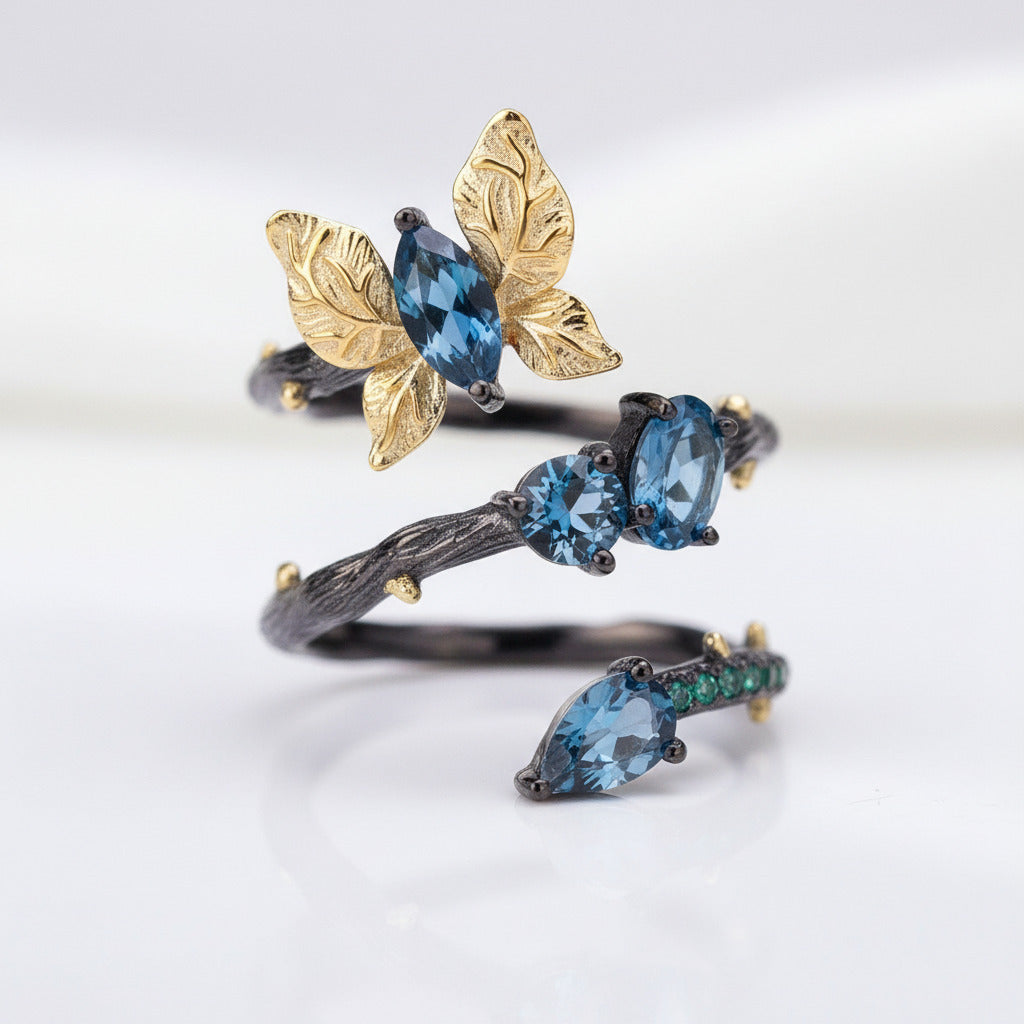 1.87ct London Blue Topaz Butterfly on Branch Ring-Black Diamonds New York