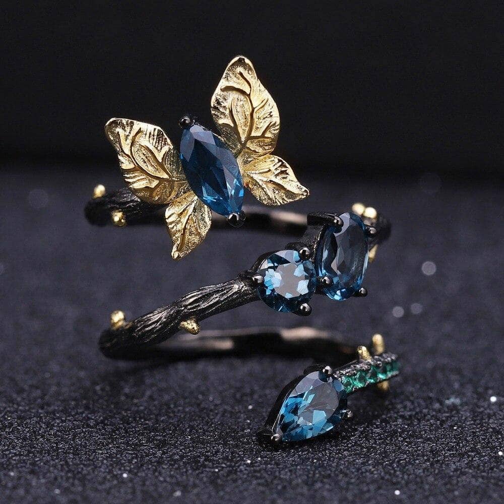 1.87ct Natural London Blue Topaz Butterfly on Branch Ring-Black Diamonds New York