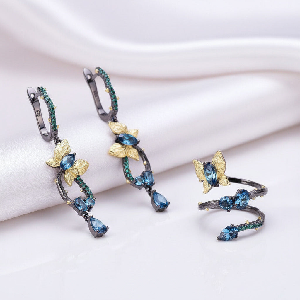 1.87ct London Blue Topaz Butterfly on Branch Ring-Black Diamonds New York