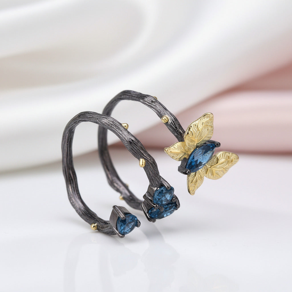 1.87ct London Blue Topaz Butterfly on Branch Ring-Black Diamonds New York