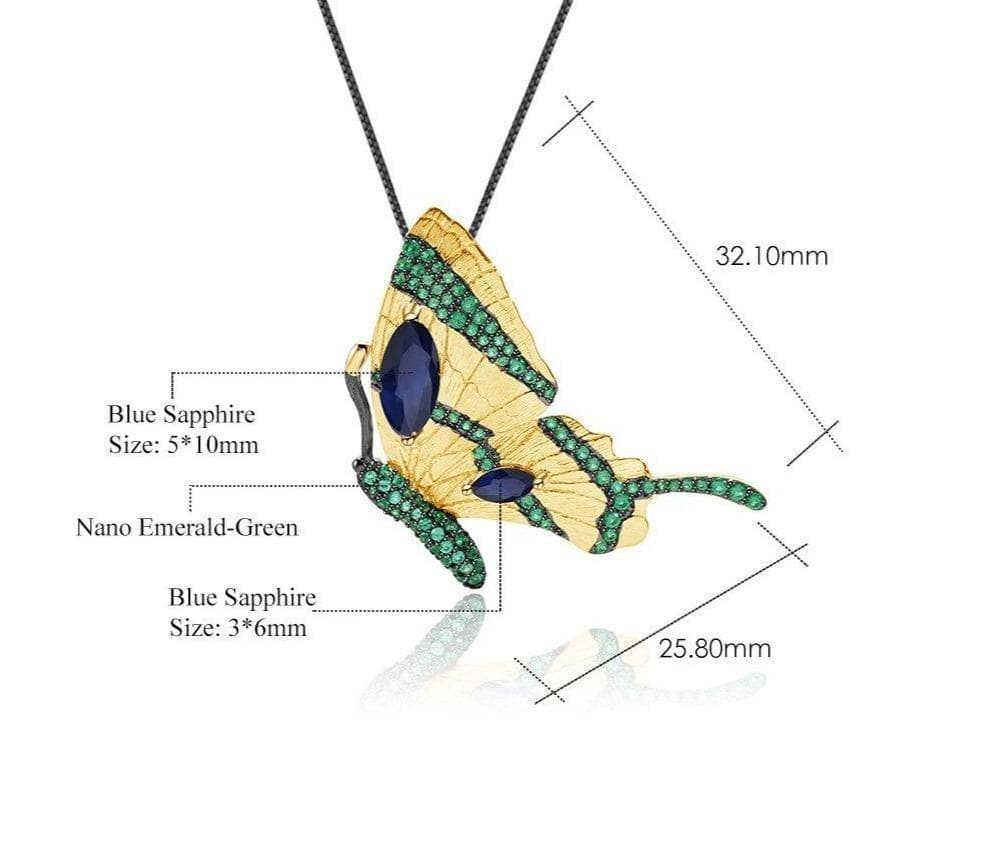 1.8Ct Natural Blue Sapphire Half Butterfly Pendant Necklace-Black Diamonds New York