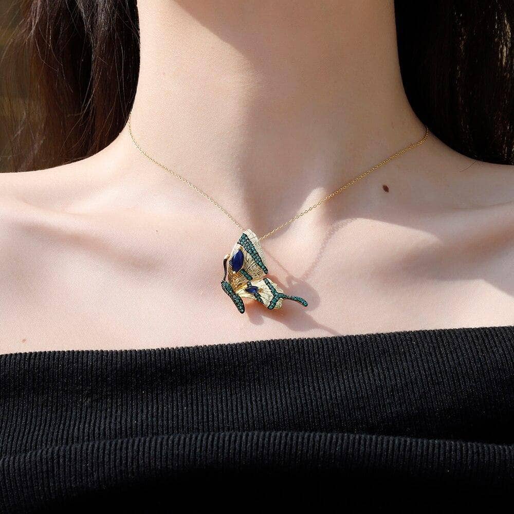 1.8Ct Natural Blue Sapphire Half Butterfly Pendant Necklace-Black Diamonds New York