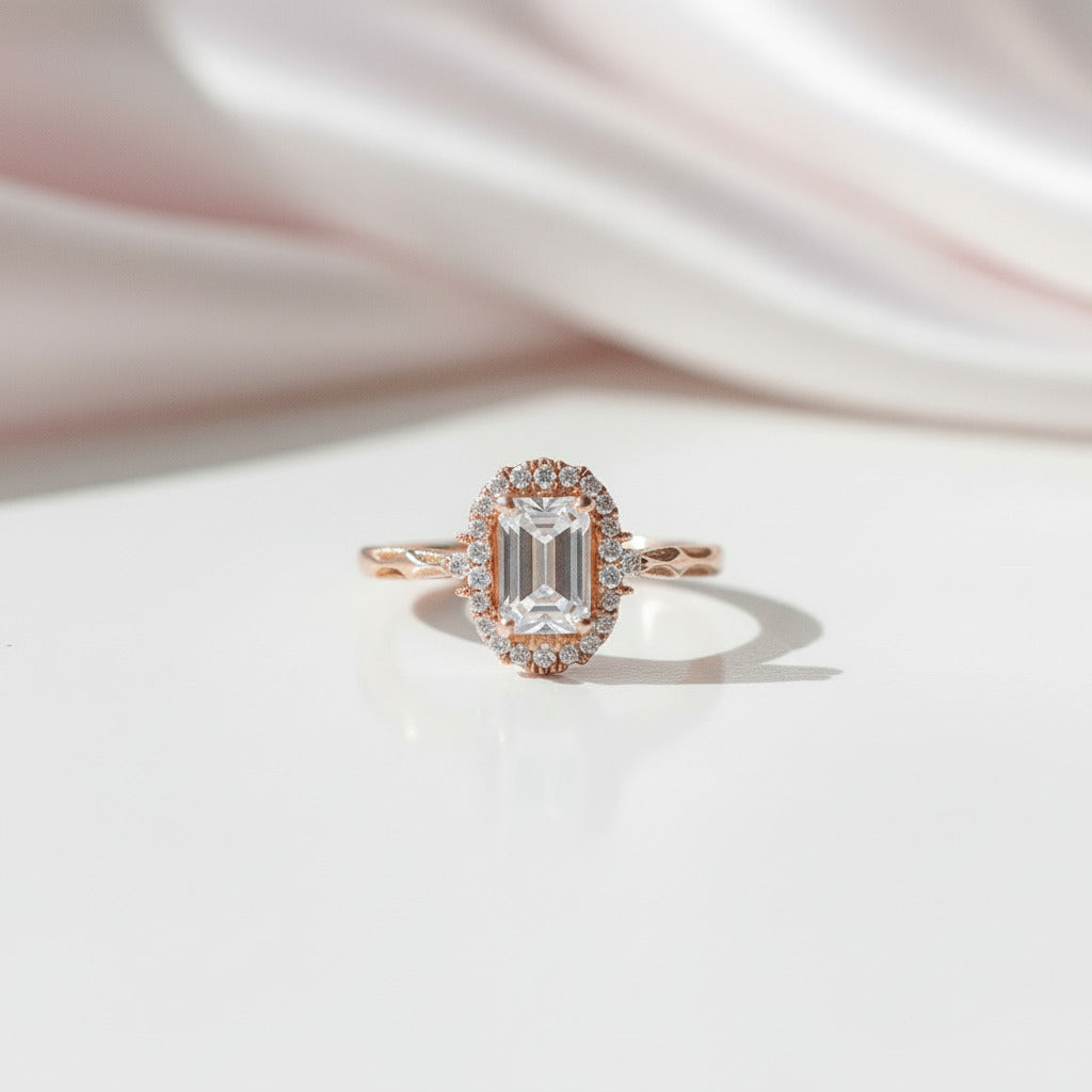 18k Art Deco Emerald Cut Diamond Option Rose Gold Engagement Ring-Black Diamonds New York