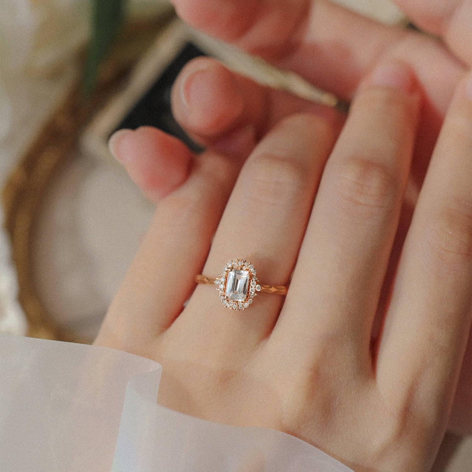 18k Art Deco Emerald Cut Moissanite Rose Gold Engagement Ring-Black Diamonds New York