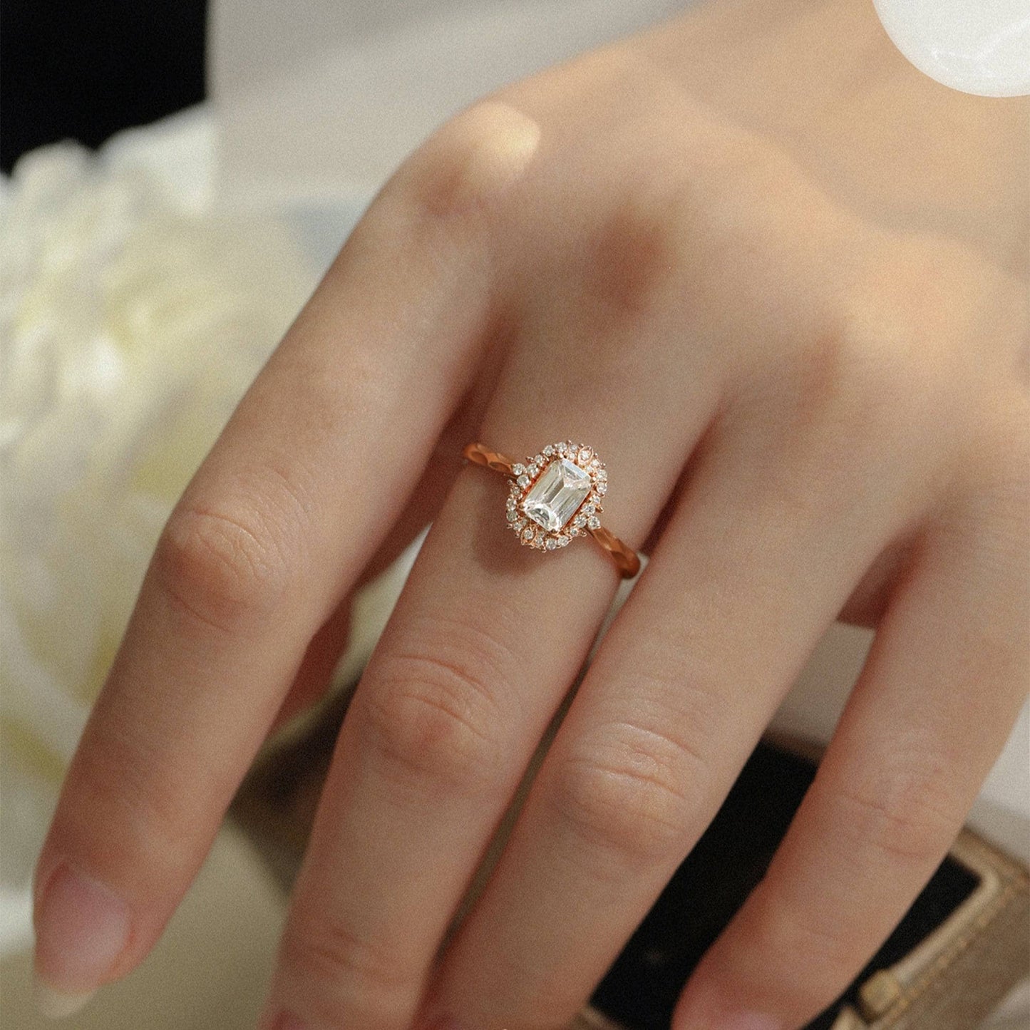 18k Art Deco Emerald Cut Moissanite Rose Gold Engagement Ring-Black Diamonds New York
