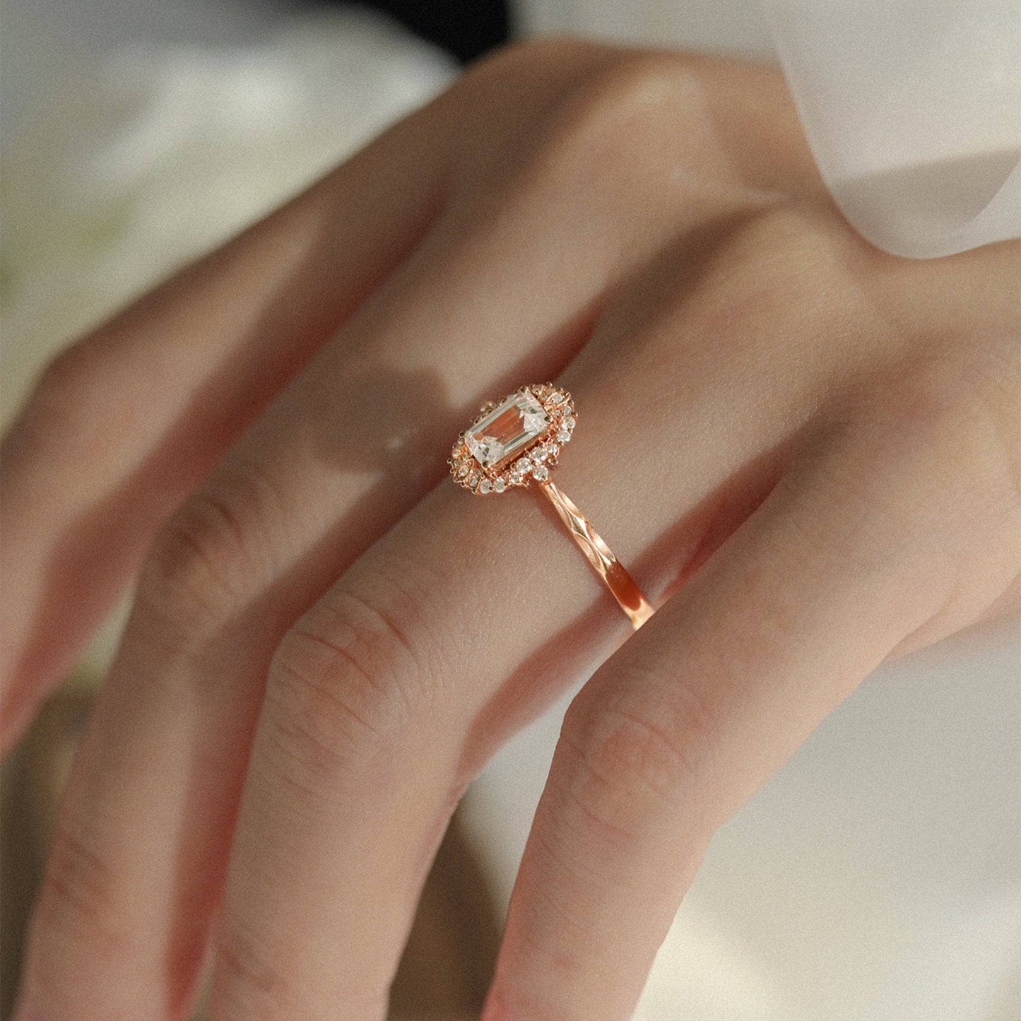Art Deco Emerald Cut Moissanite Rose Gold Engagement Ring - Black Diamonds New York