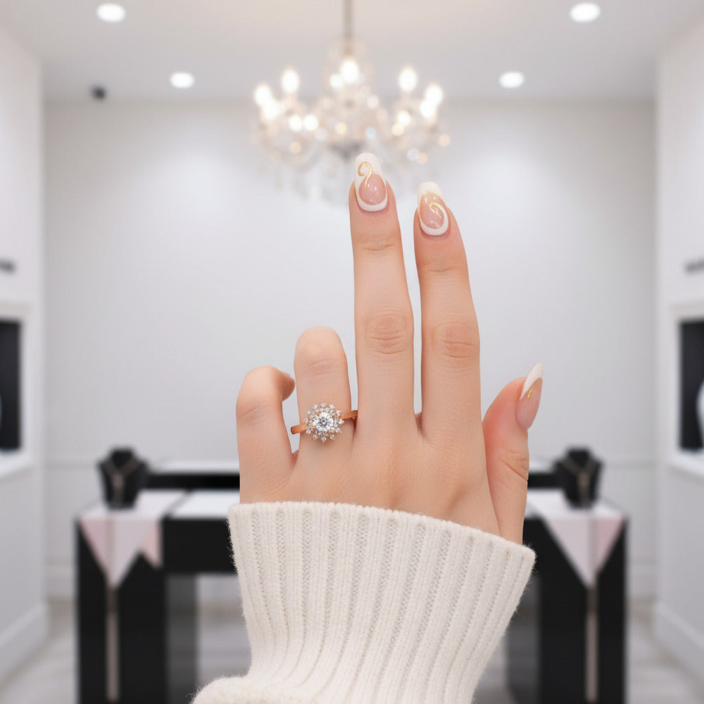 18k Art Deco Round Cut Diamond Sunflower Engagement Ring-Black Diamonds New York