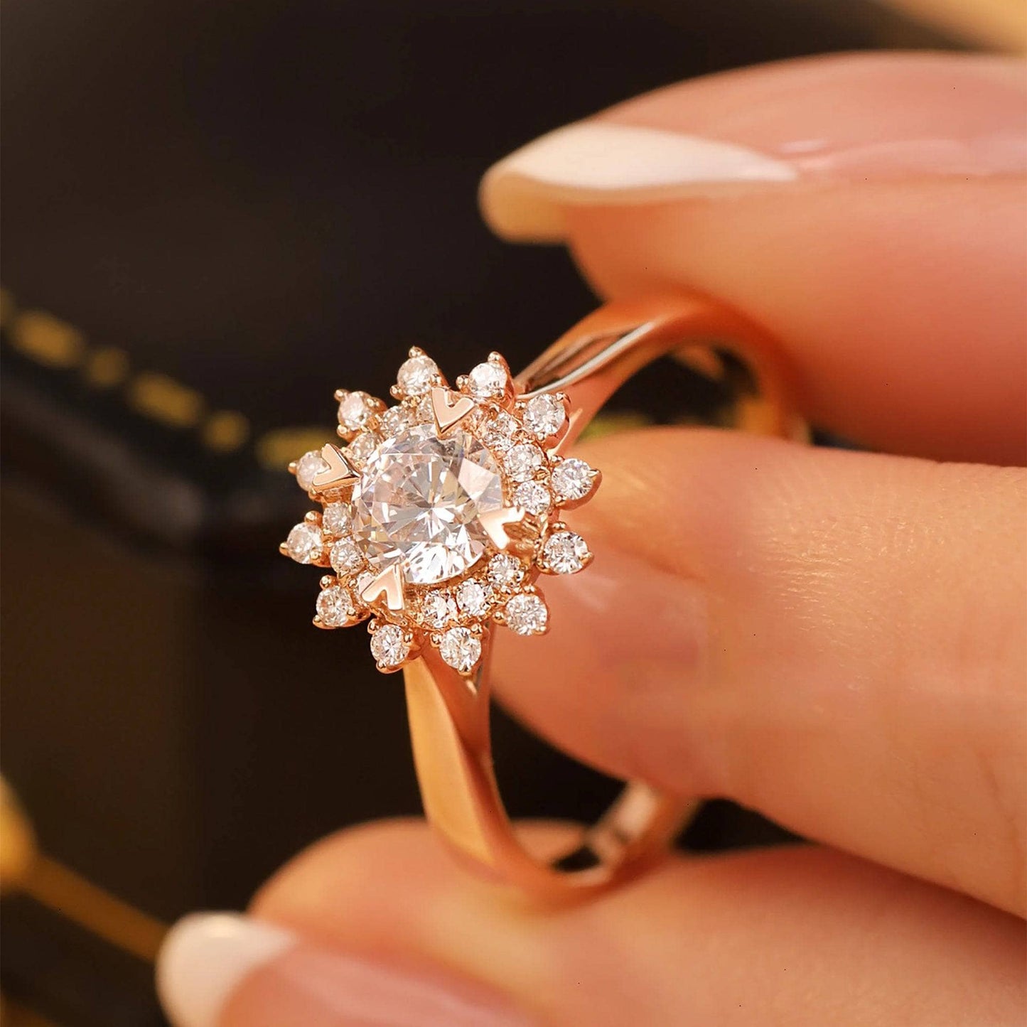 Art Deco Round Cut Moissanite Sunflower Engagement Ring - Black Diamonds New York