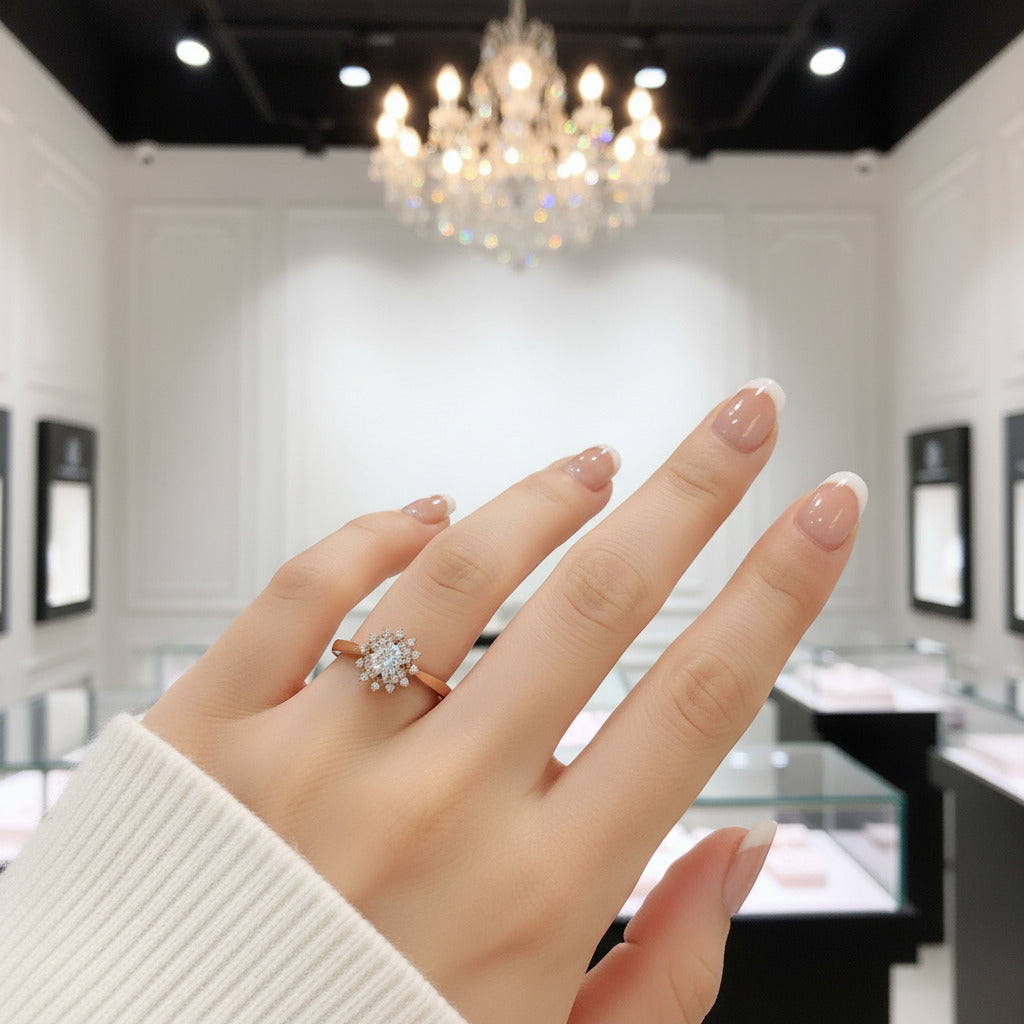 18k Art Deco Round Cut Diamond Sunflower Engagement Ring-Black Diamonds New York