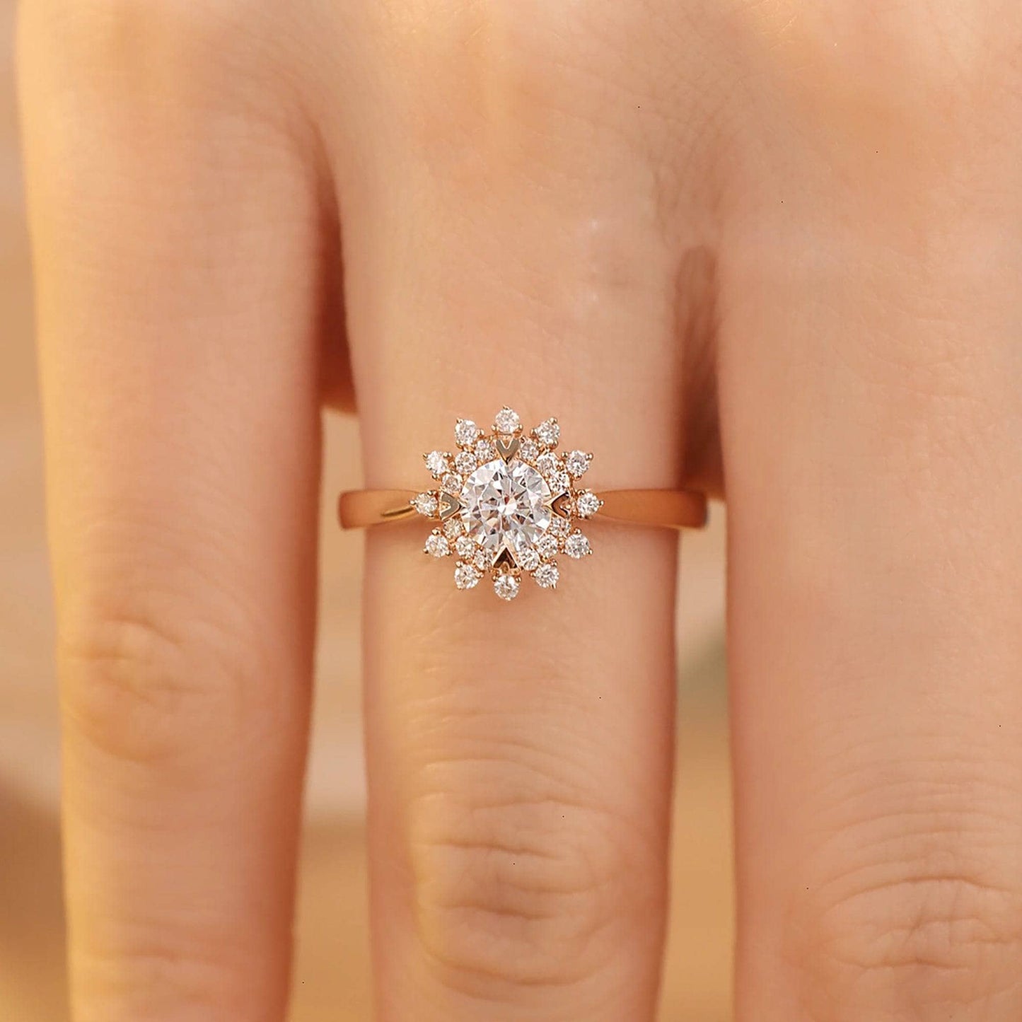 Art Deco Round Cut Moissanite Sunflower Engagement Ring - Black Diamonds New York