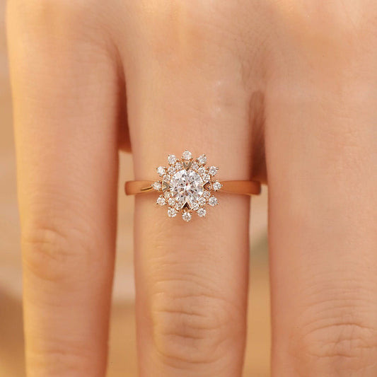 18k Art Deco Round Cut Moissanite Sunflower Engagement Ring-Black Diamonds New York