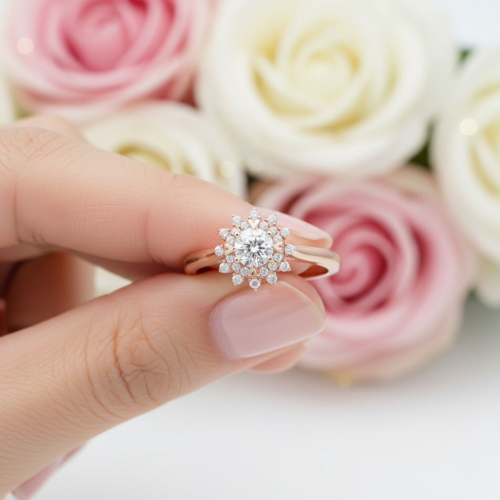 18k Art Deco Round Cut Diamond Sunflower Engagement Ring-Black Diamonds New York