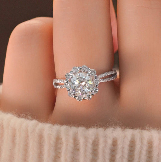 18k Art Deco Round Moissanite Halo Flower Engagement Ring-Black Diamonds New York