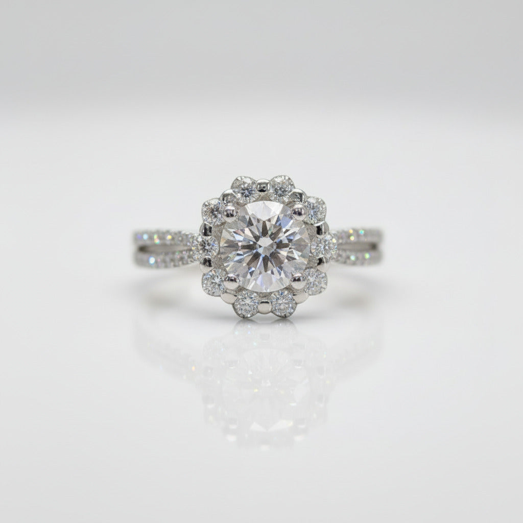 18k Art Deco Round Diamond Option Halo Flower Engagement Ring-Black Diamonds New York