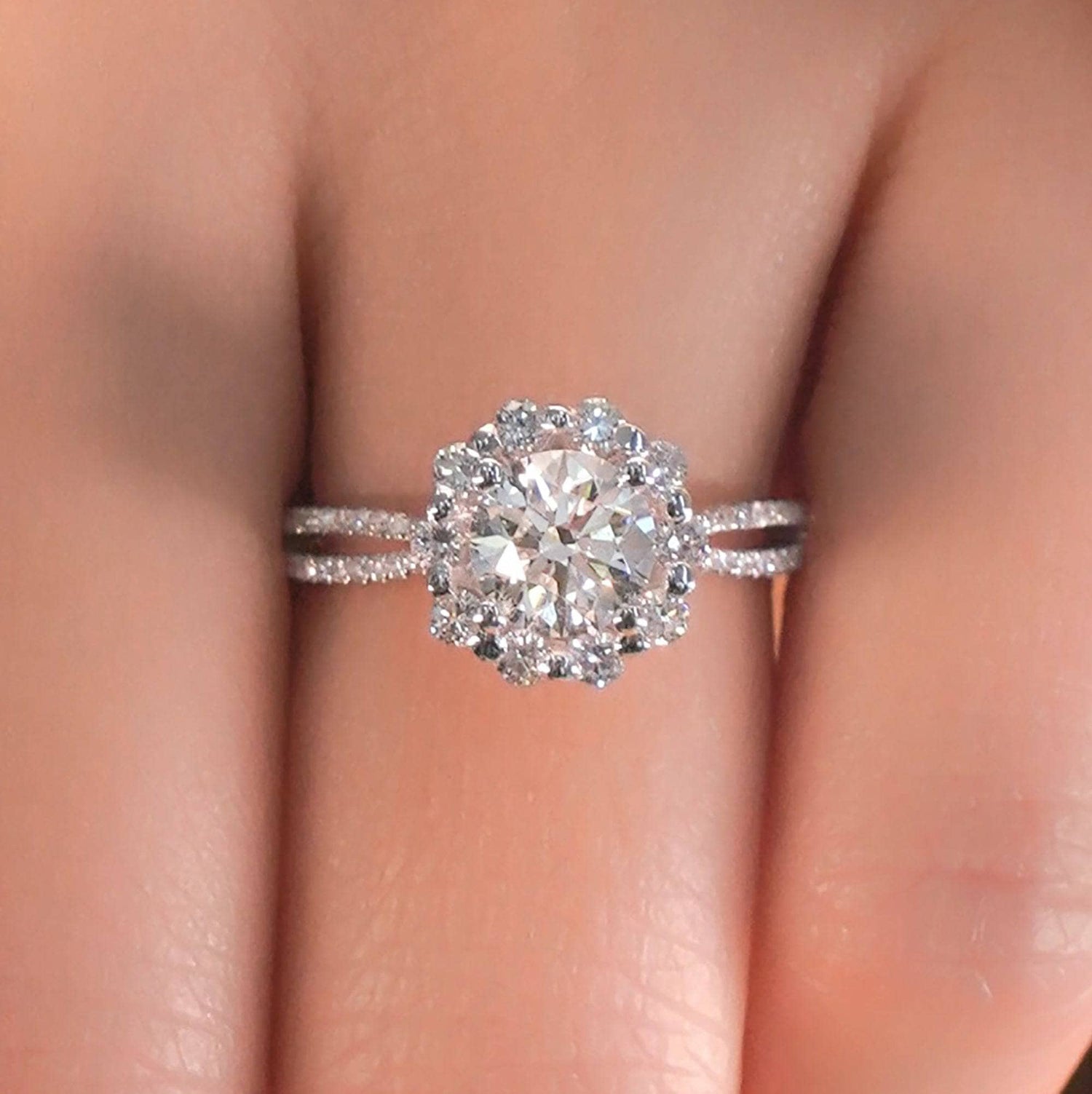 Art Deco Round Moissanite Halo Flower Engagement Ring - Black Diamonds New York