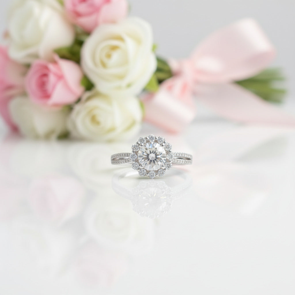 18k Art Deco Round Diamond Option Halo Flower Engagement Ring-Black Diamonds New York