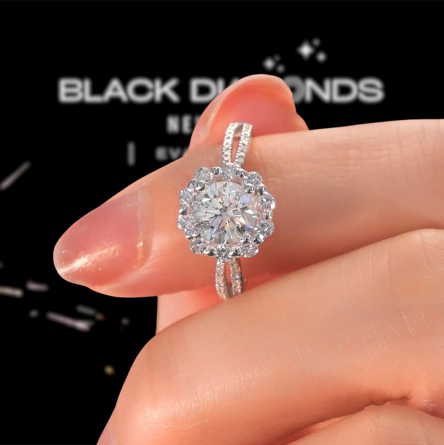 18k Art Deco Round Moissanite Halo Flower Engagement Ring - Black Diamonds New York