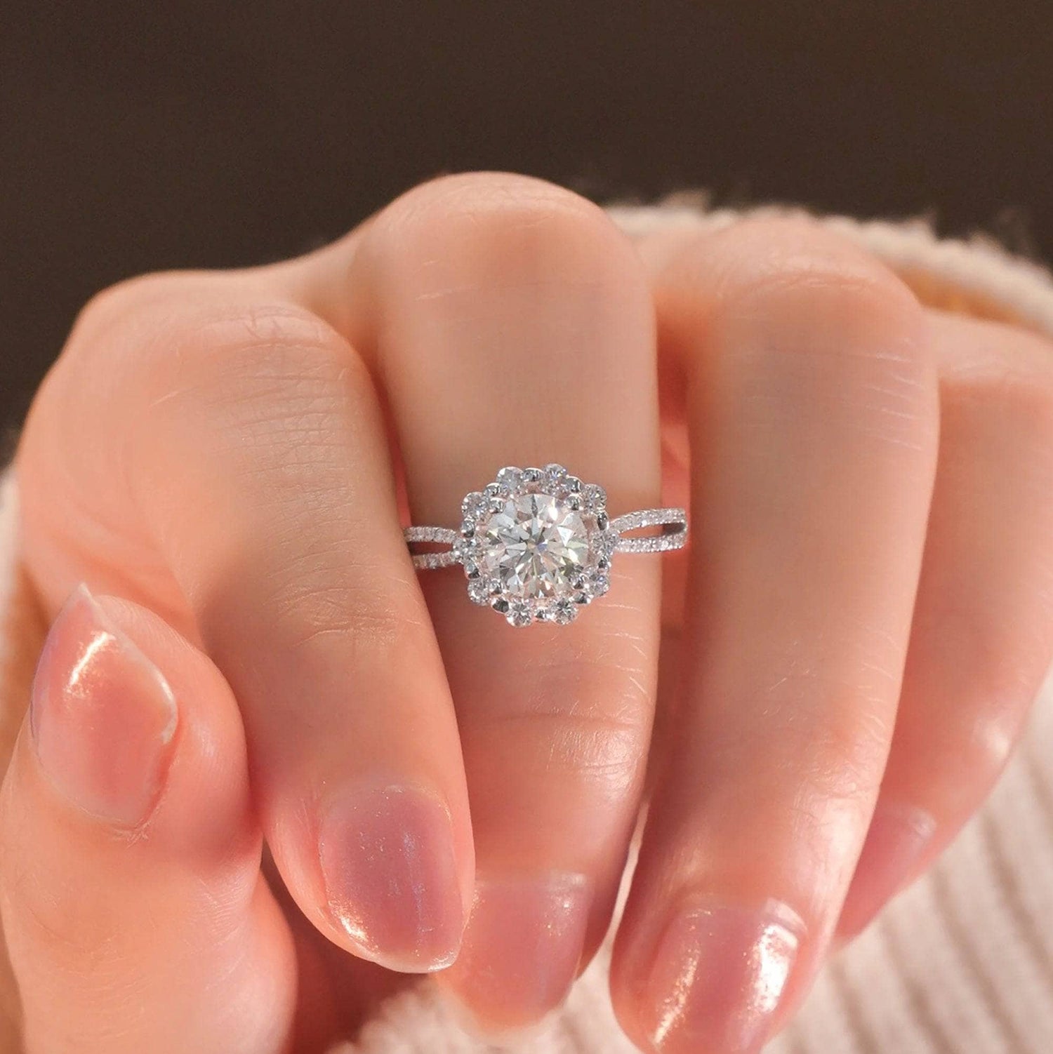 Art Deco Round Moissanite Halo Flower Engagement Ring - Black Diamonds New York