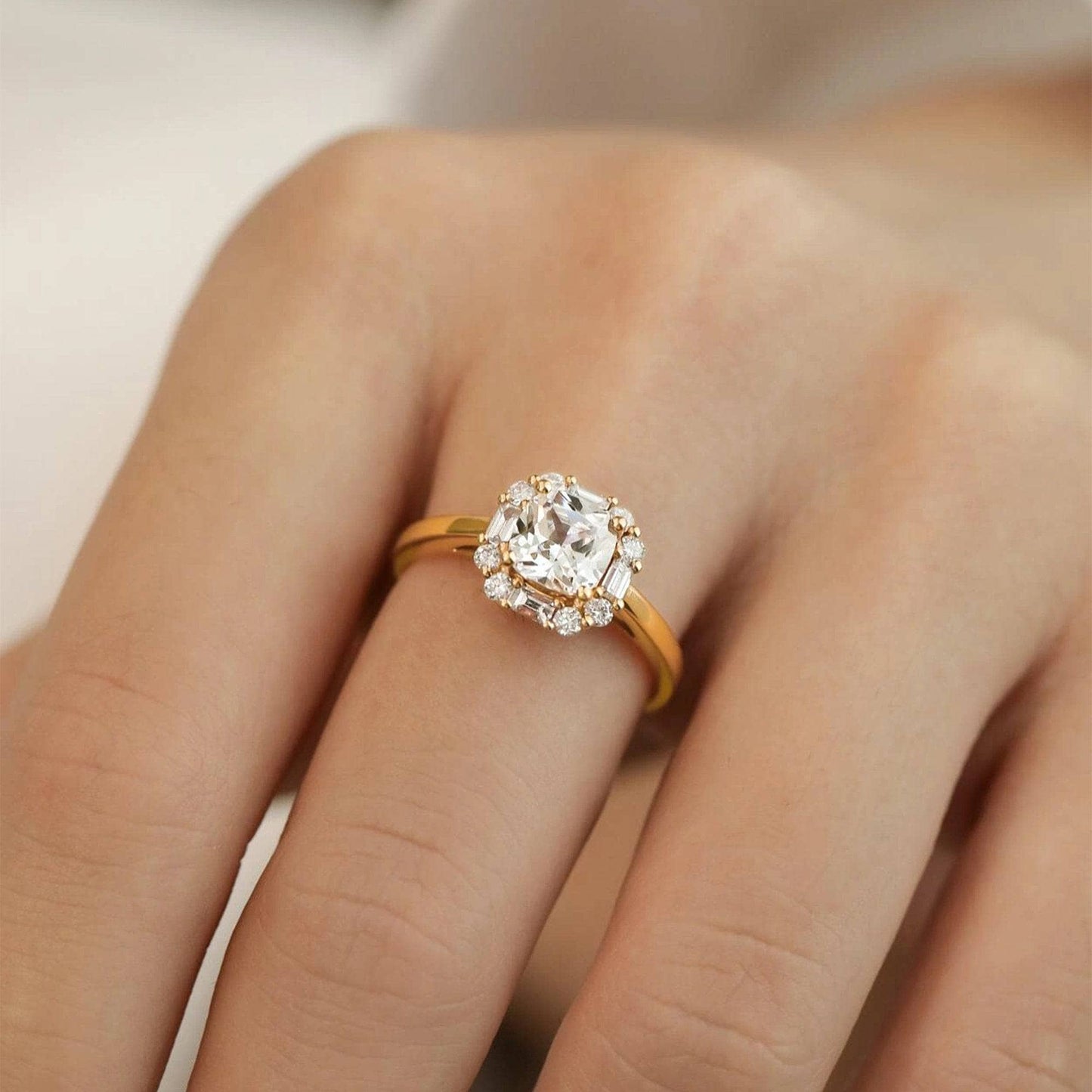 Cushion Cut Moissanite Vintage Halo Engagement Ring - Black Diamonds New York