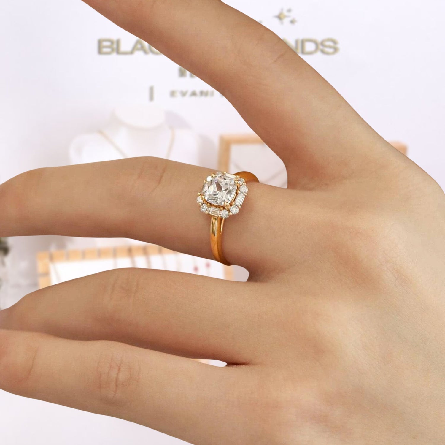 18k Cushion Cut Moissanite Vintage Halo Engagement Ring - Black Diamonds New York