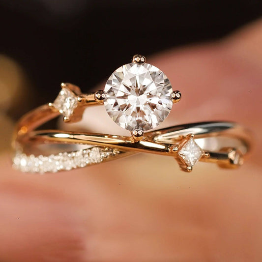 18k Dainty Round Cut Moissanite Branch Design Engagement Ring-Black Diamonds New York