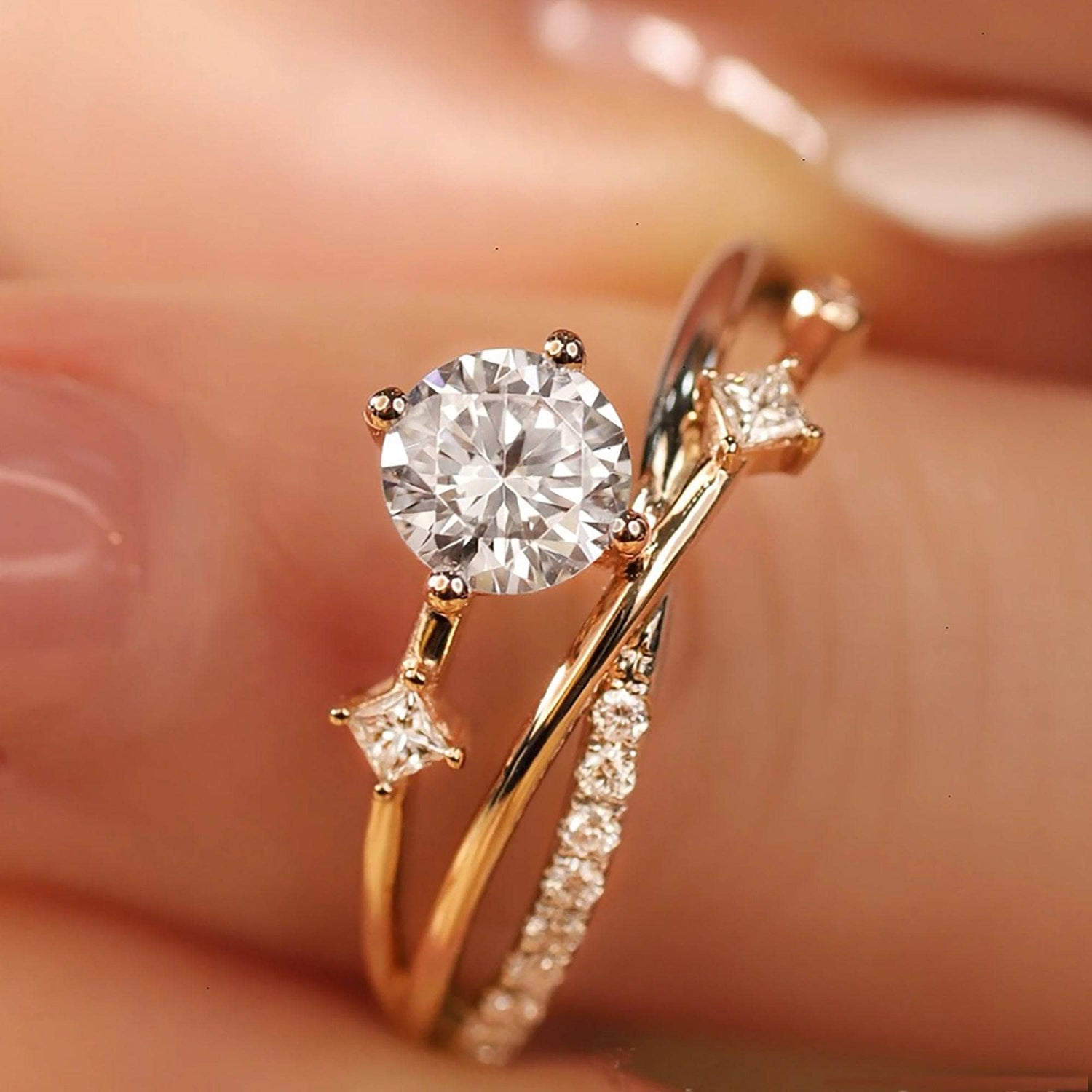 18k Dainty Round Cut Diamond Branch Design Engagement Ring-Black Diamonds New York