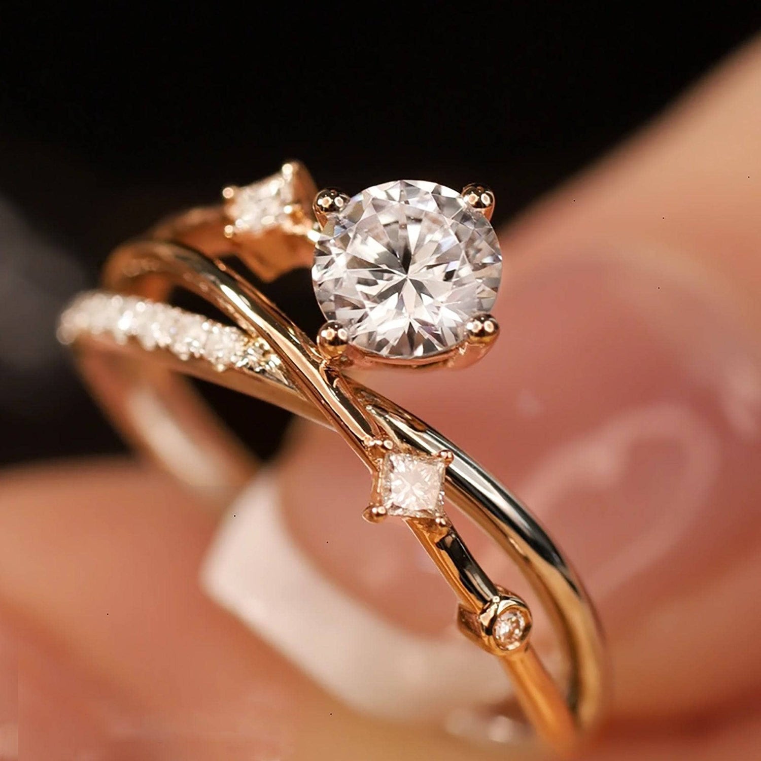 Dainty Round Cut Moissanite Branch Design Engagement Ring - Black Diamonds New York