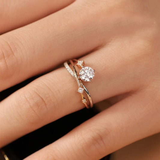 18k Dainty Round Cut Moissanite Branch Design Engagement Ring-Black Diamonds New York