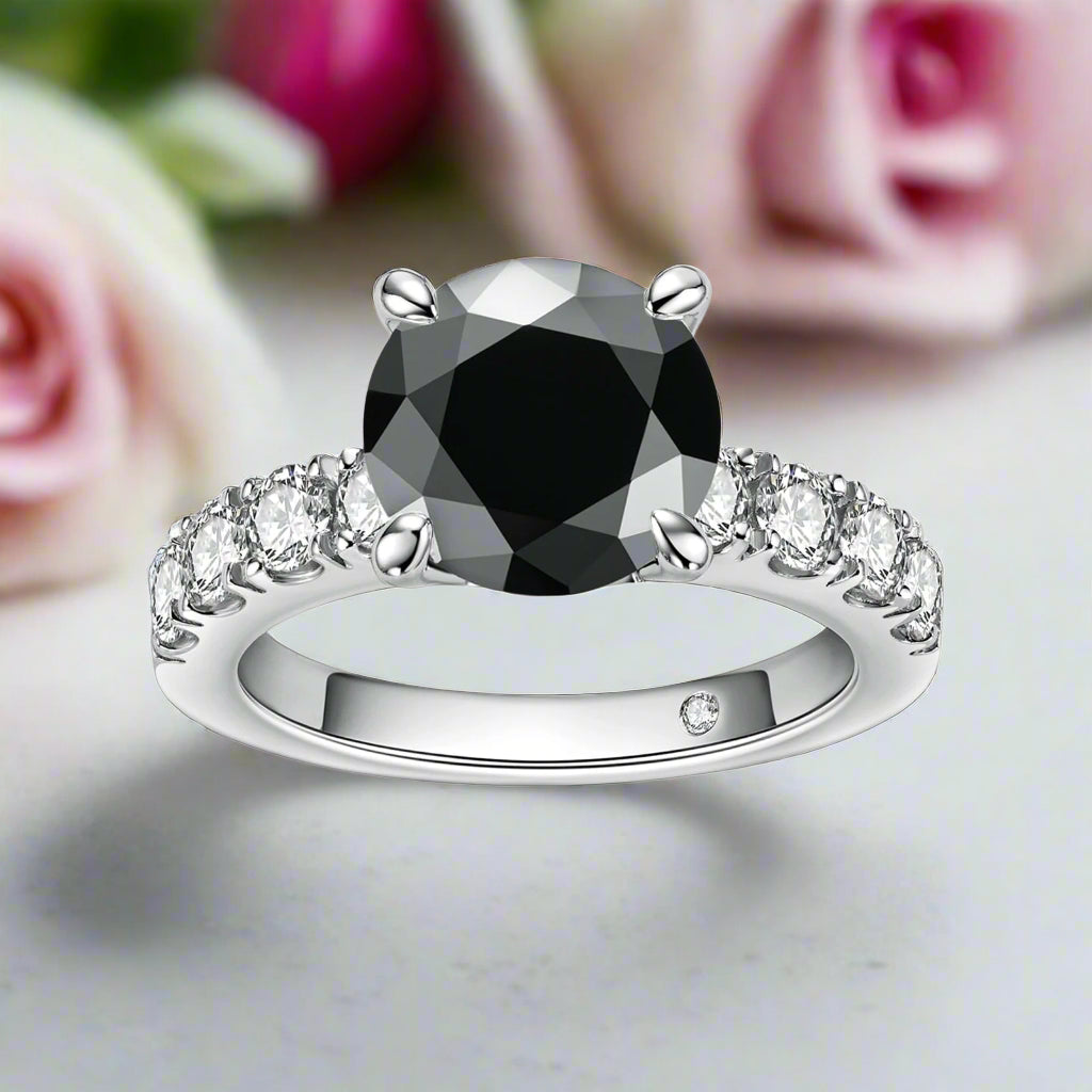 18K Gold Overlay Round Cut Diamond Engagement Ring-Black Diamonds New York