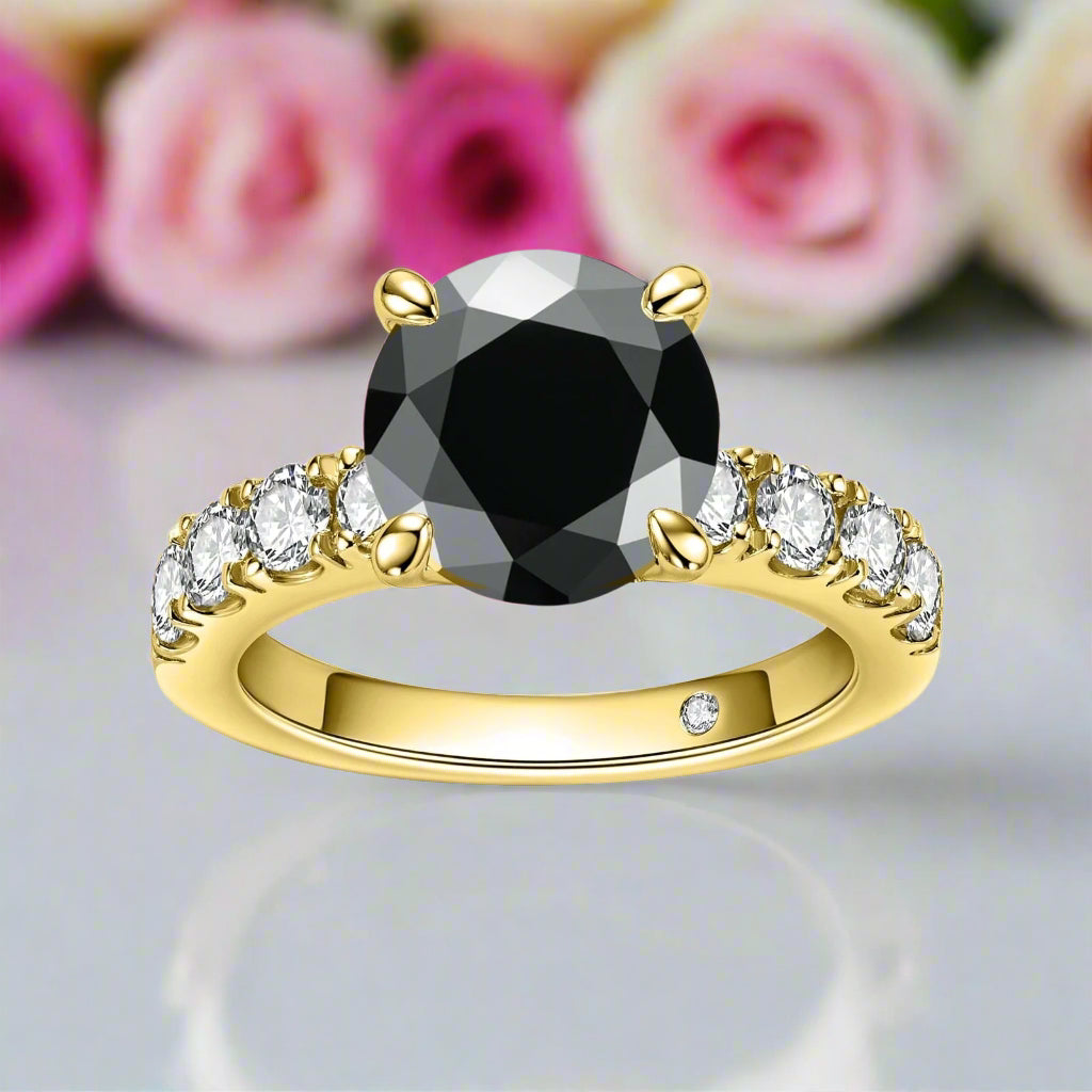 18K Gold Overlay Round Cut Diamond Engagement Ring-Black Diamonds New York