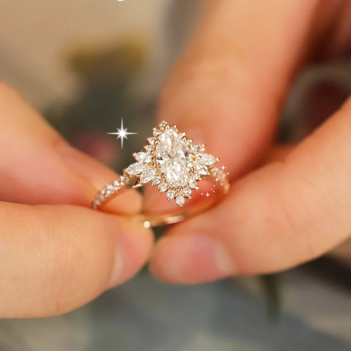 Marquise Cut Moissanite Halo Engagement Ring - Black Diamonds New York