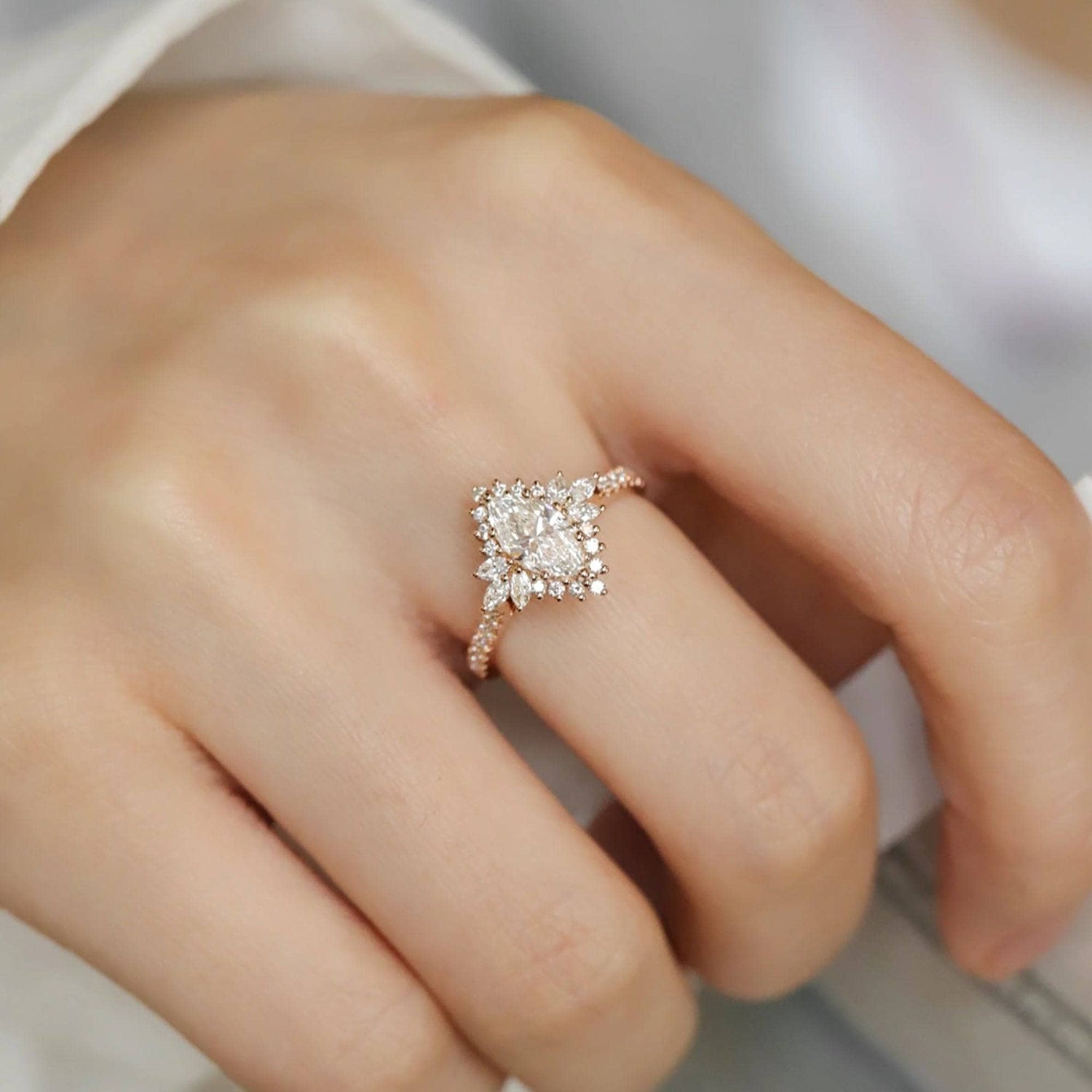 Marquise Cut Moissanite Halo Engagement Ring - Black Diamonds New York