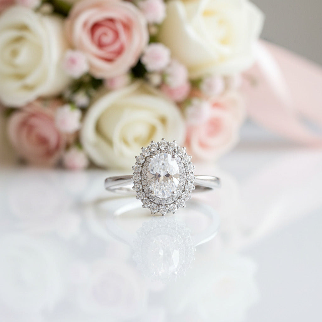 18k Oval Cut Diamond Option Vintage Halo Engagement Ring-Black Diamonds New York