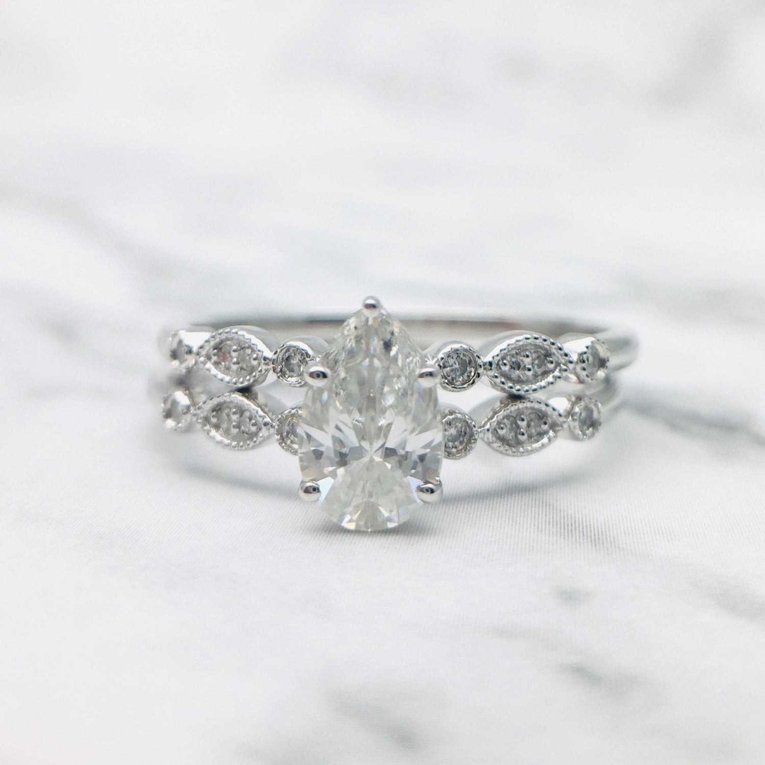 Pear Cut Moissanite Vintage Design Engagement Ring - Black Diamonds New York