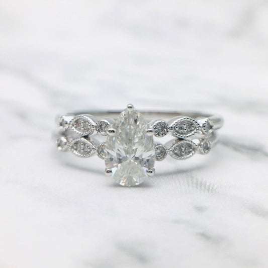 18k Pear Cut Moissanite Vintage Design Engagement Ring-Black Diamonds New York