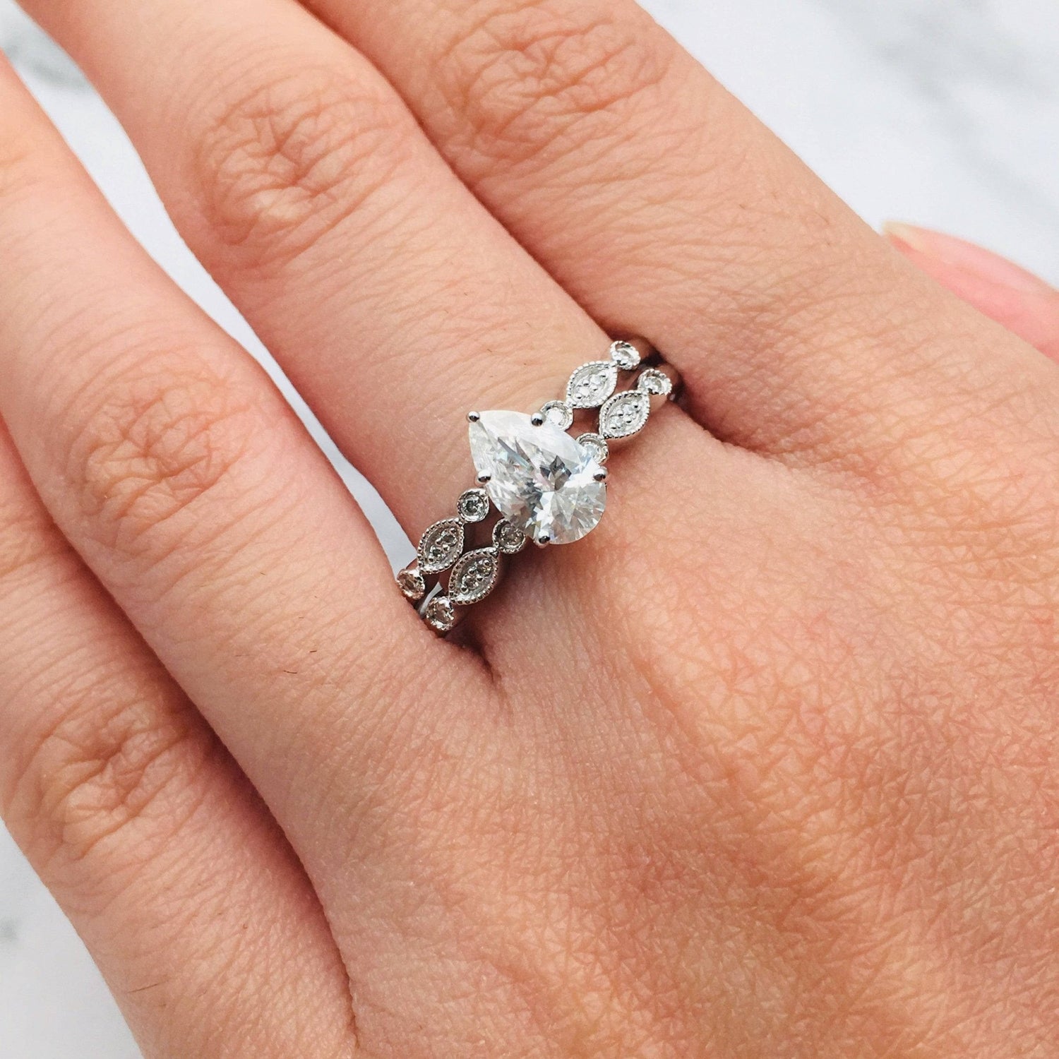 Pear Cut Moissanite Vintage Design Engagement Ring - Black Diamonds New York